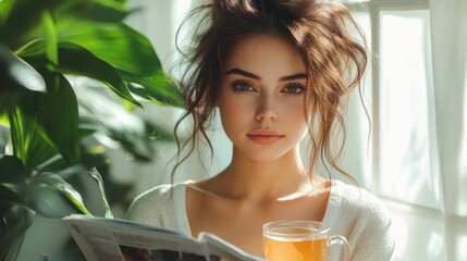 Wall Mural - Attractive Young Woman Relaxing at Home with a Magazine and Tea