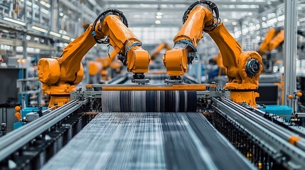 Poster - advanced robotic arms weaving fabrics with precision and efficiency in a sophisticated modern textil