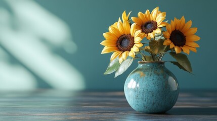 Canvas Print - Sunflowers in teal vase on wooden table.