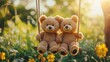 © OngCaLucK - Two teddy bears sit together on a swing, surrounded by blooming flowers and bathed in warm sunlight, evoking a sense of nostalgia and companionship.