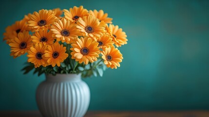 Canvas Print - Vibrant orange gerbera daisies in a white vase against a teal background.