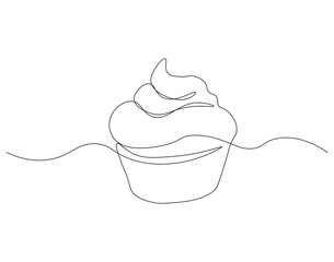 Wall Mural - Continuous one line drawing of cup cake. One line drawing illustration of muffin cake. Pastry, bakery concept single line. Editable outline