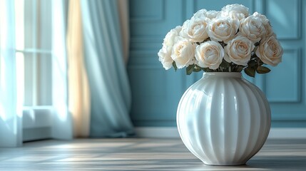 Canvas Print - White roses in a ribbed vase on a wooden floor near a window.