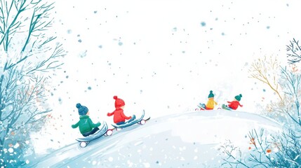 Aufkleber - Kids enjoy a snowy hill as they sled together on a winter afternoon under gentle falling snowflakes. Generative AI