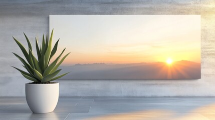 Wall Mural - A serene interior with a sunset landscape painting and a potted plant.