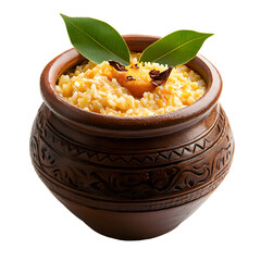 raditional clay pot filled with sweet pongal topped with leaves and spices, Indian festive dish isolated on a white background, png