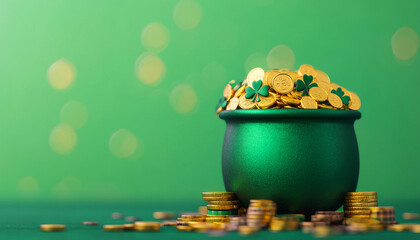 green pot filled with gold coins and shamrocks for St. Patrick Day