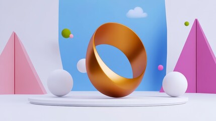 Wall Mural - A modern, abstract scene featuring a golden shape on a circular base, surrounded by geometric forms and a bright blue sky backdrop.