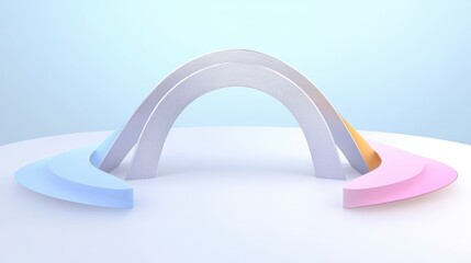 Wall Mural - A stylized arch structure with pastel-colored bases, set against a soft blue background, exuding a whimsical and modern aesthetic.