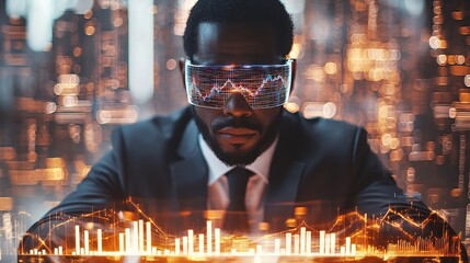 Poster - Futuristic corporate professional wearing a suit and sitting at a holographic desk examining 3D graphs charts and financial data displayed as digital holograms  Concept of advanced technology