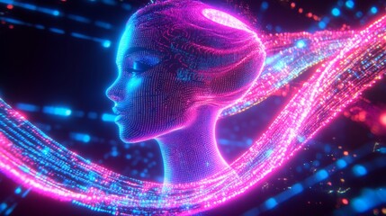 Fototapete - Digital human visualization in a futuristic setting virtual reality neon lights abstract art artistic perspective