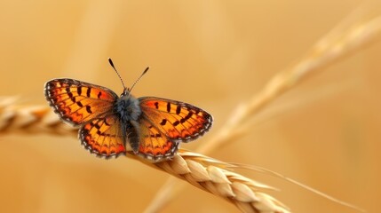 Wall Mural - Orange butterfly perched on wheat stalk.