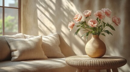 Canvas Print - Sunlit room with beige couch, pillows, wooden side table, and vase of pink peonies near window.