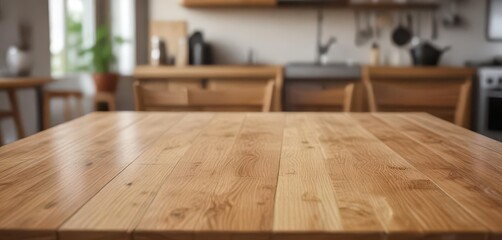 Wall Mural - Empty wooden table; soft-focus kitchen backdrop  , bright,  tabletop, wood