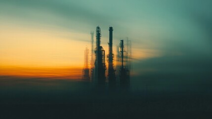 Poster - Industrial skyline at sunset aesthetic photography of refineries urban environment atmospheric perspective conceptual art