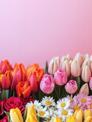 Poster - Colorful bouquets of roses, tulips, and daisies arranged beautifully against a soft pink background. Generative AI