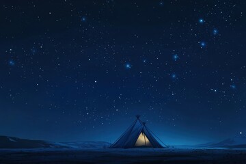 Poster - Tent illuminated under a stunning starry night sky in a remote outdoor location. Generative AI
