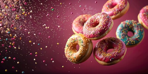 Wall Mural - donuts falling down with sprinkles on dark pink background, yummy downfall