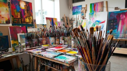 Aufkleber - A vibrant painting workshop in a bustling art studio, Paintbrushes and canvases arranged creatively, Artistic creation style