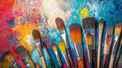 Poster - A vibrant painting workshop in a colorful art studio, Paintbrushes and canvases arranged artistically, Artistic creation style