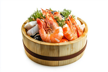 Wall Mural - Selective focus cooked shrimp, shell and fish in wooden bucket isolated on white background, Seafood bucket in restaurant on white.