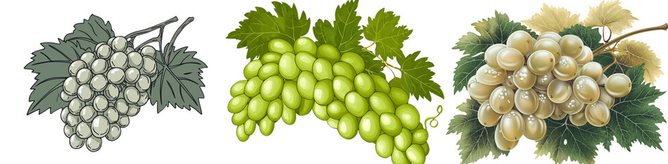 Aufkleber - A white background image of a green grape bunch with leaves, highlighting sweet grapes on a branch in a PNG format.