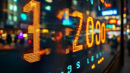 Poster - Close up of scrolling ticker numbers and financial data displayed on a vibrant high tech digital screen in an urban corporate environment  The image represents the fast paced