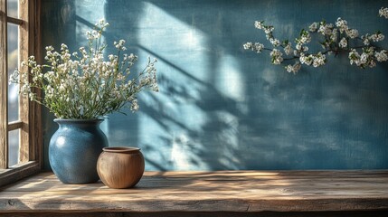 Canvas Print - Sunlit wooden window sill with blue vase, wooden bowl, and blooming branches.