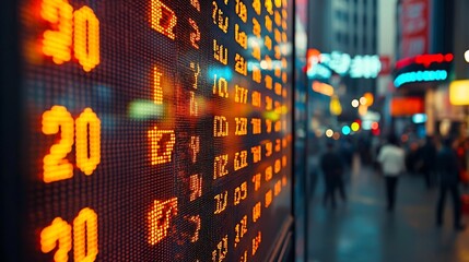 Poster - closeup view of a vibrant digital display screen showing scrolling ticker numbers and financial data