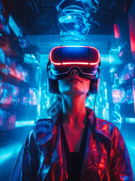 A person immersed in virtual reality with neon holograms and futuristic graphics surrounding them in a vibrant and surreal environment. Generative AI