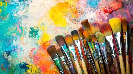 Poster - A vibrant painting workshop in a colorful art studio, Paintbrushes and canvases arranged artistically, Artistic creation style