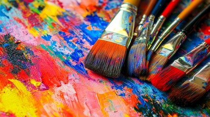 Poster - A vibrant painting workshop in a colorful art studio, Paintbrushes and canvases arranged artistically, Artistic creation style