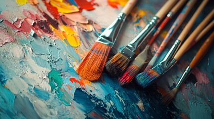 Poster - A vibrant painting workshop in an urban art studio, Paintbrushes and canvases arranged creatively, Artistic creation style