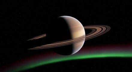 Wall Mural - a planet with rings resembling saturn, surrounded by glowing auroras and distant stars