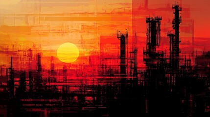 Poster - Industrial sunset transformation urban cityscape digital art evening wide angle abstract aesthetic
