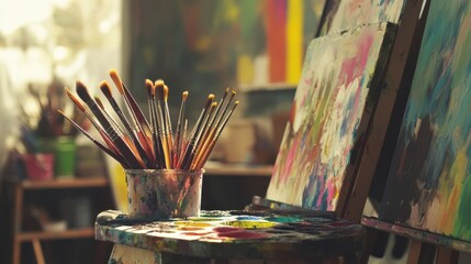 Poster - A vibrant painting workshop in an urban art studio, Paintbrushes and canvases arranged creatively, Artistic creation style