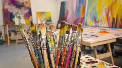 Poster - A vibrant painting workshop in an urban art studio, Paintbrushes and canvases arranged creatively, Artistic creation style