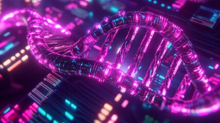 Poster - futuristic dna structure visualization digital realm 3d render neon environment close-up view geneti