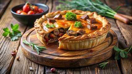 Wall Mural - Hearty beef stew pie sitting on a rustic wooden cutting board, garnished with fresh herbs and served hot, comfort food