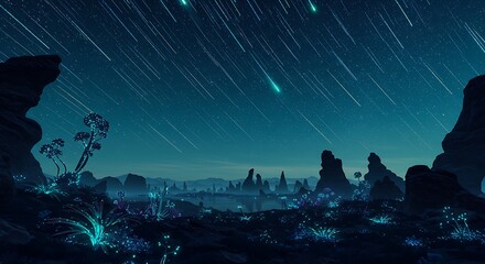 Wall Mural - a meteor shower lighting up the night sky over a peaceful alien landscape