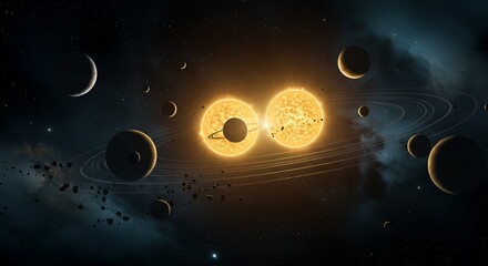 Wall Mural - a distant star system with multiple planets orbiting, glowing under the light of twin suns