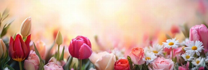 Poster - Colorful bouquets of roses tulips and daisies arranged beautifully in a vibrant garden setting during springtime. Generative AI