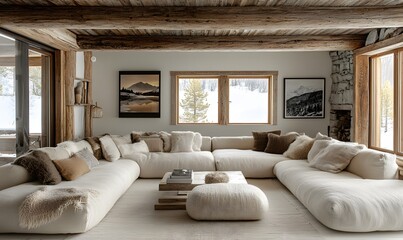 Poster - stylish living room in a norway cottage with warm wood accents and cozy furnishings