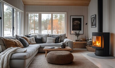 Poster - Stylish Living Room in a Norway Cottage with Warm Wood Accents and Cozy Furnishings
