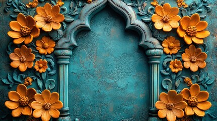 Wall Mural - Teal archway adorned with orange flowers, ornate design, textured background.