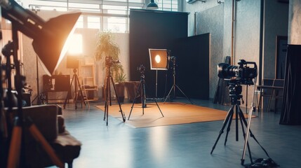 Poster - A vibrant photography workshop in a modern urban studio, Cameras and lighting equipment set for professional shoot, Creative studio style