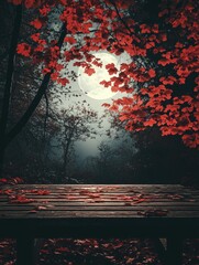 Wall Mural - moonlit autumn scene with red leaves on a bridge