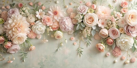 Wall Mural - Elegant Floral Wall with Delicate Petals in Soft Pastel Colors and Vintage Style Decor, artificial flowers, floral arrangement