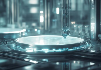 Poster - Advanced Technology in a Futuristic Laboratory Showcasing Intricate Machinery and a Luminous Work Surface During Experimentation