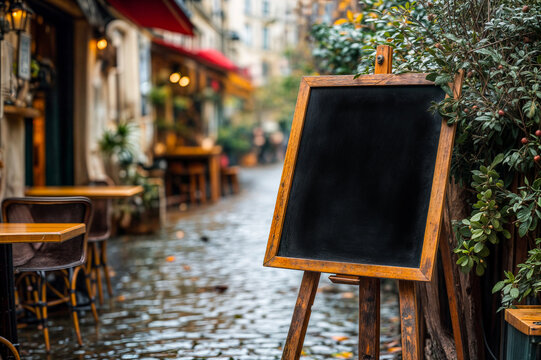 Ardoise noire vide posée sur un chevalet dehors devant un restaurant dans une rue pavée pour menu